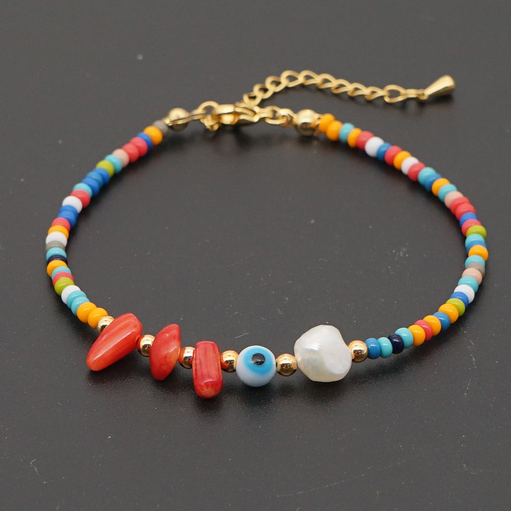 Evil Eye Stone Rainbow Beaded Anklet