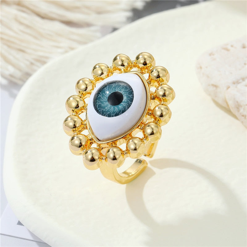 Evil Eye Metal Bead Adjustable Ring