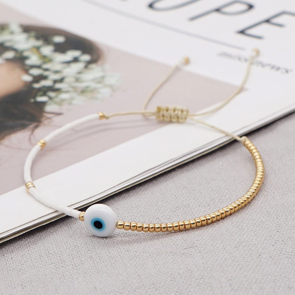 Gold Evil Eye Adjustable Beaded Bracelet