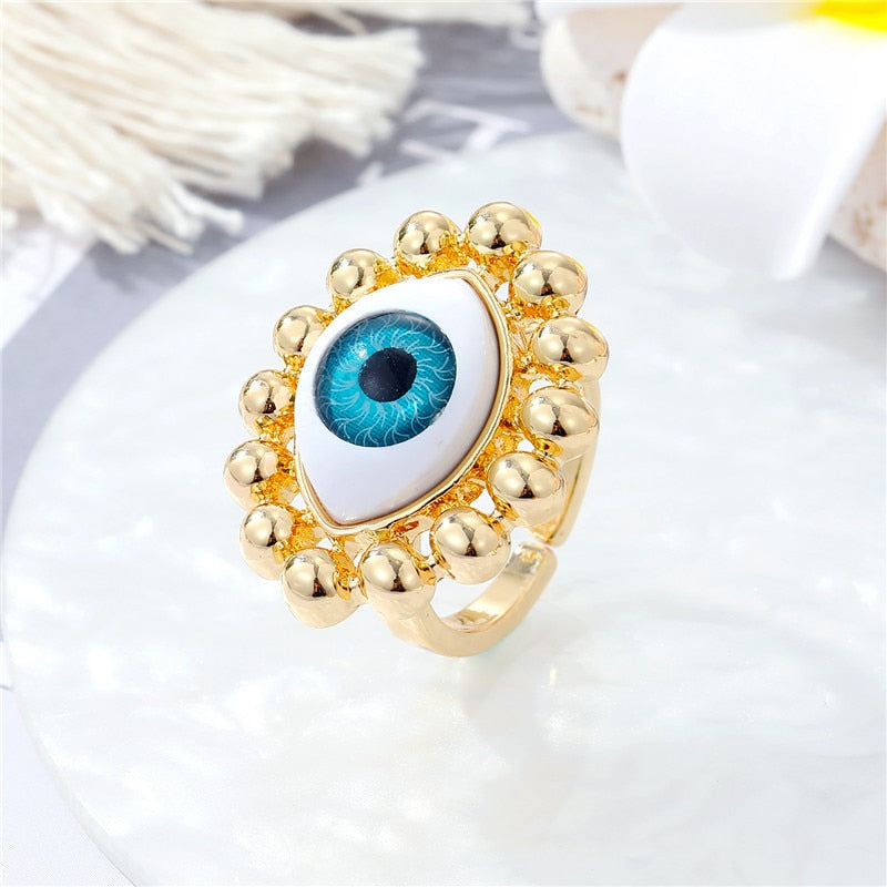 Evil Eye Metal Bead Adjustable Ring
