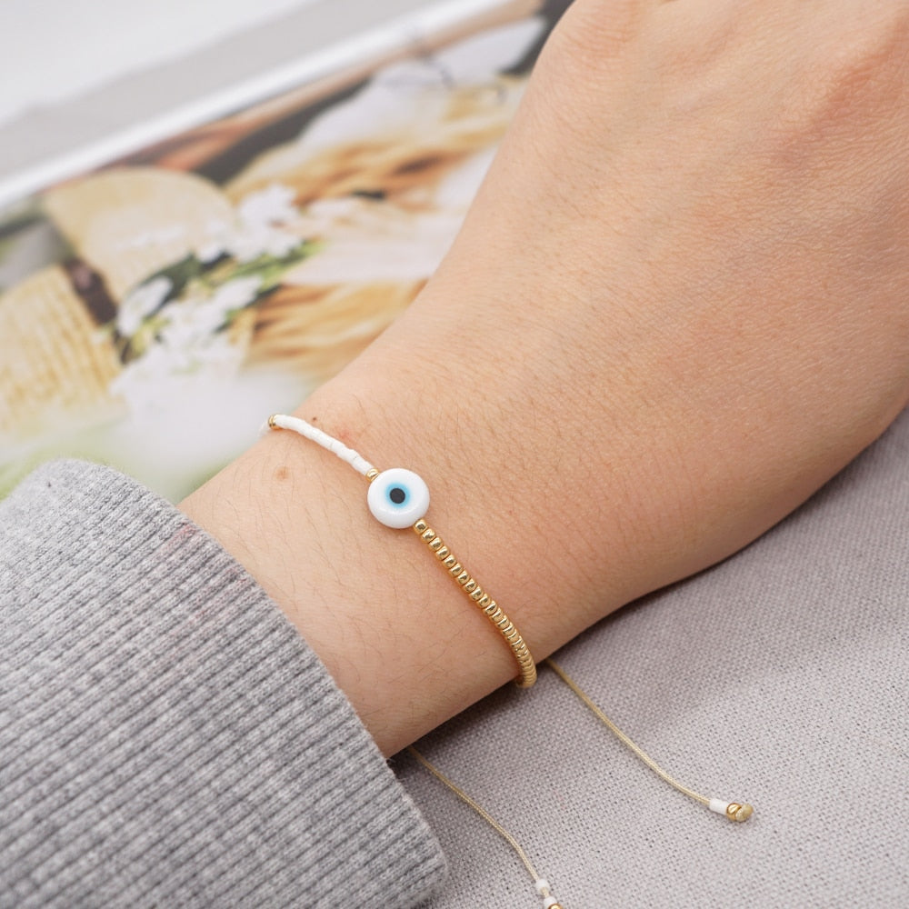 Gold Evil Eye Adjustable Beaded Bracelet