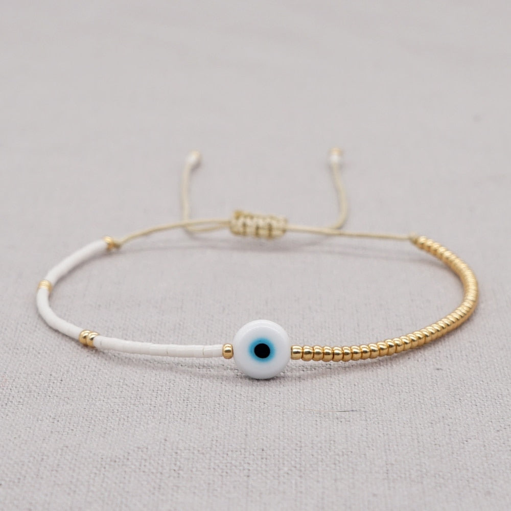 Gold Evil Eye Adjustable Beaded Bracelet