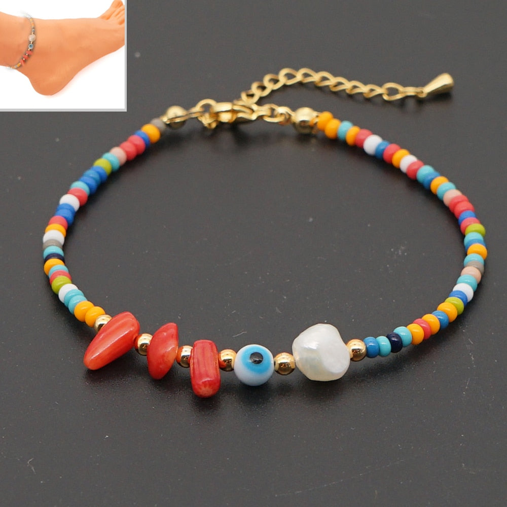Evil Eye Stone Rainbow Beaded Anklet