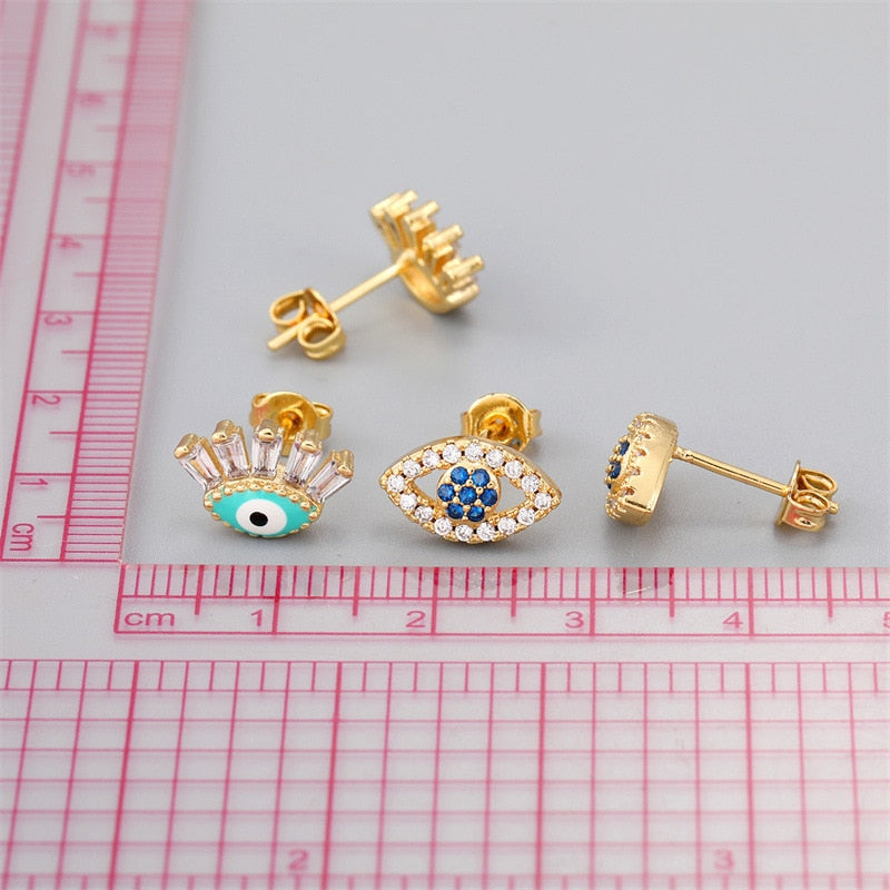 Evil Eye Copper Zircon Crystal Stud Earrings