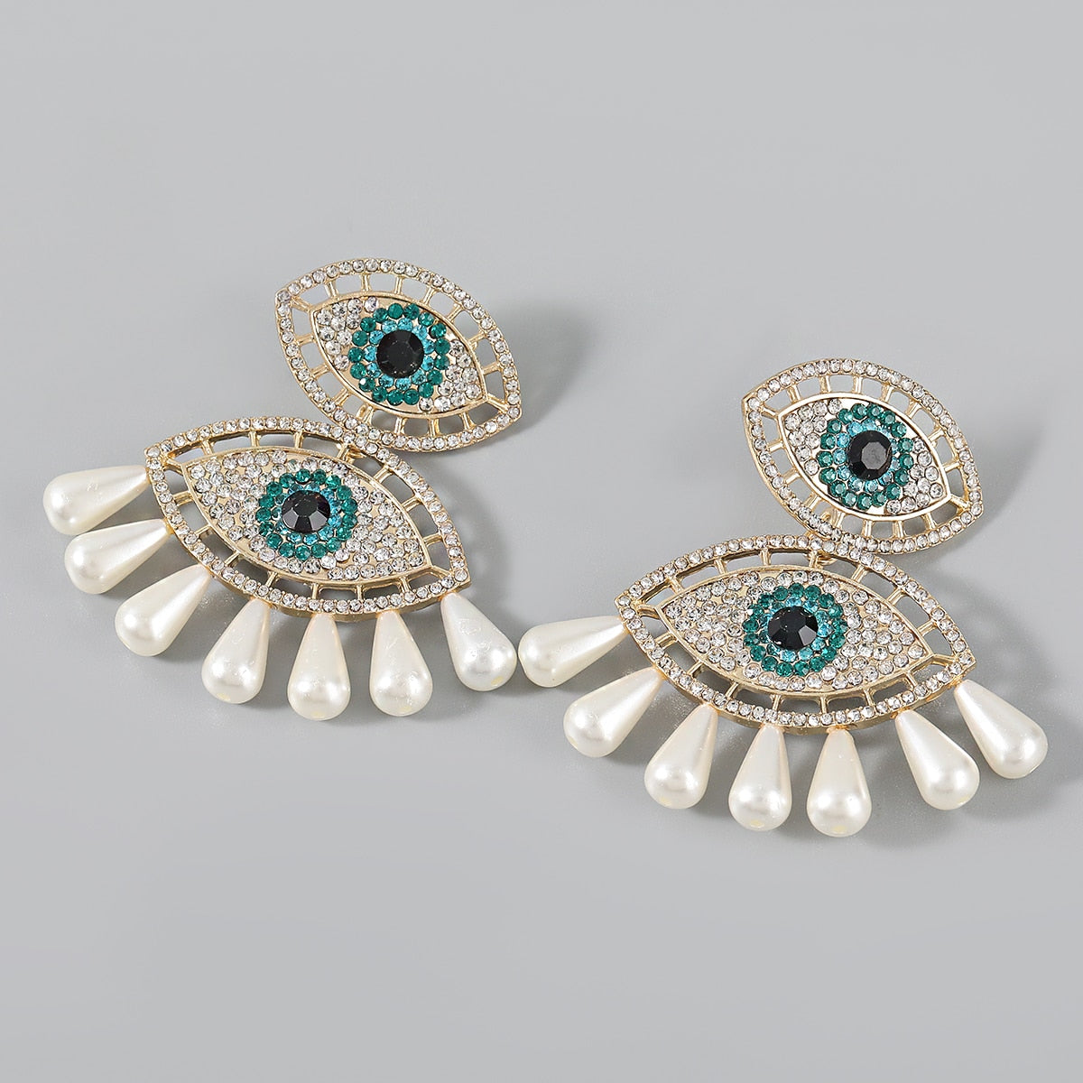 Evil Eye Metal Rhinestone Pearl Earrings