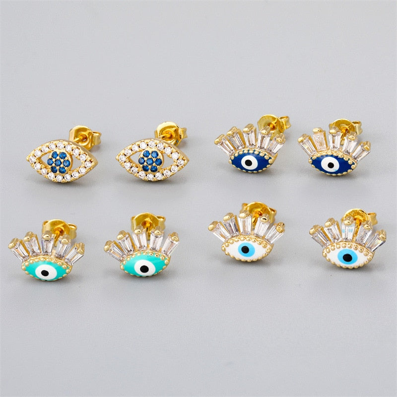 Evil Eye Copper Zircon Crystal Stud Earrings