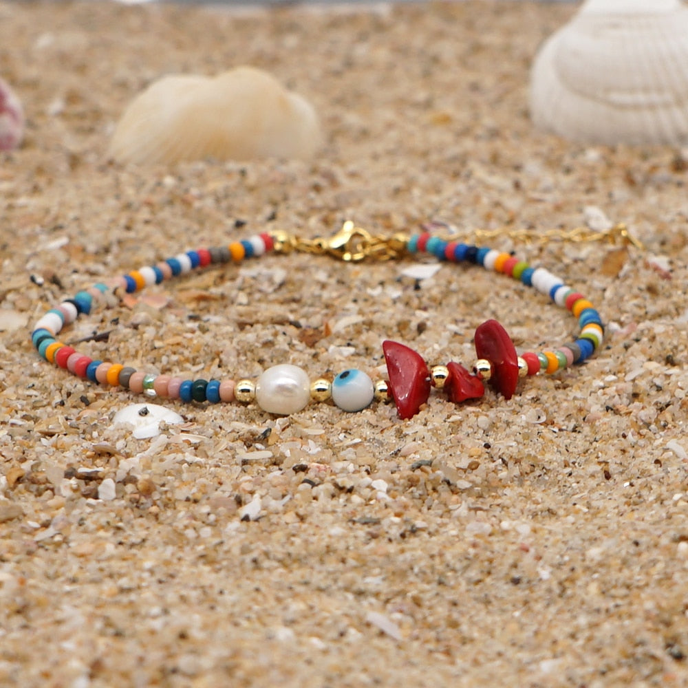 Evil Eye Stone Rainbow Beaded Anklet