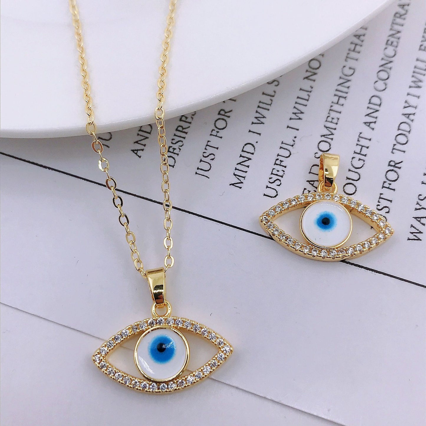Rhinestone Evil Eye 14K Gold Necklace