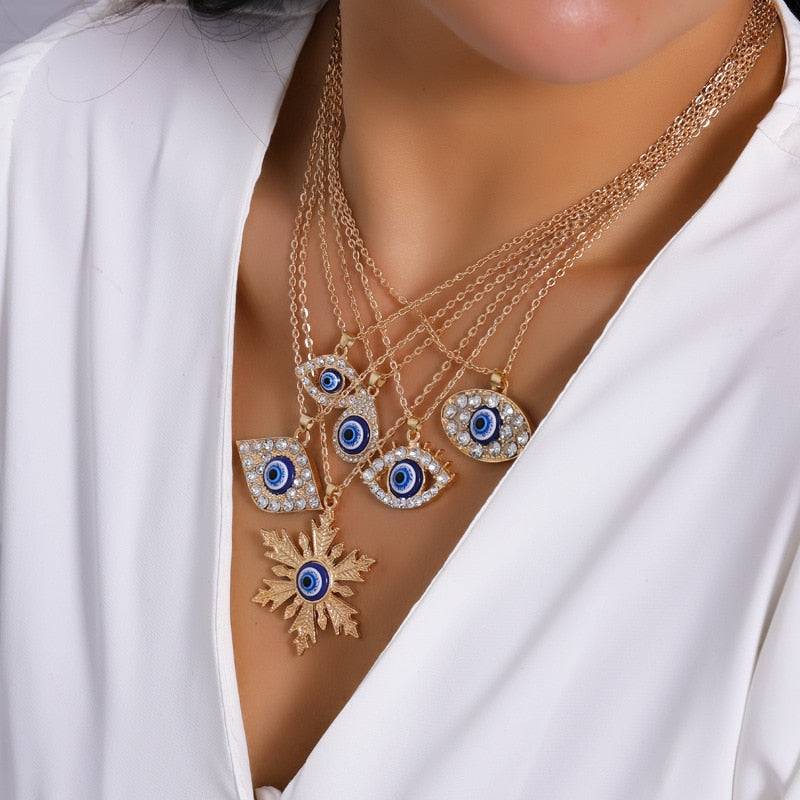 Crystal Blue Evil Eye Pendant Necklace