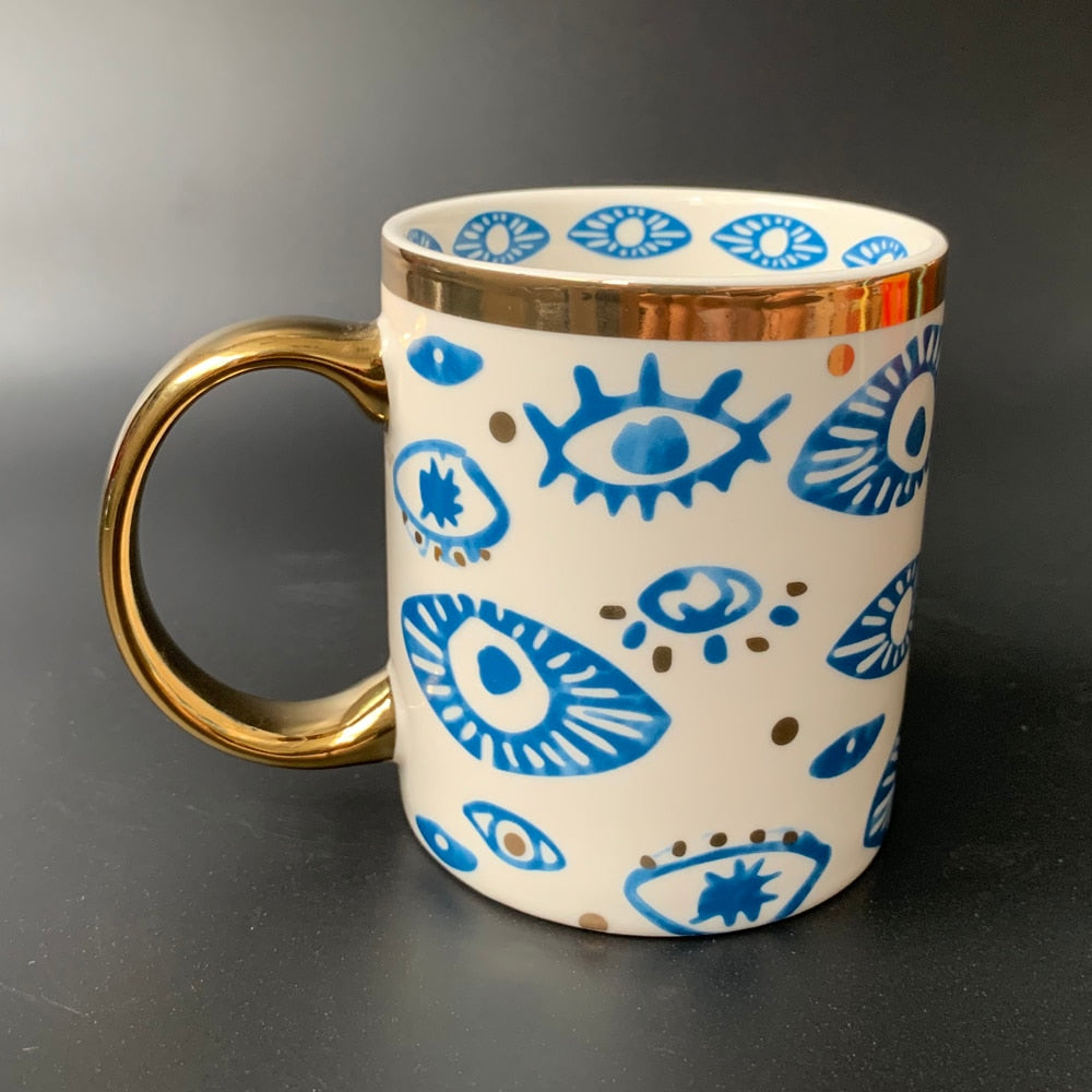 Evil Eyes Plate with Gold Rim Ceramic Mug
