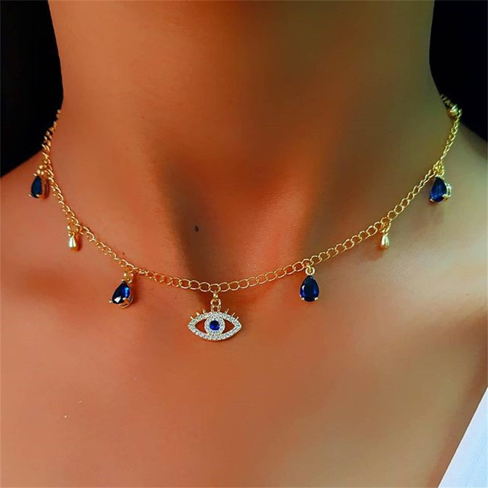 Crystal Blue Evil Eye Pendant Necklace