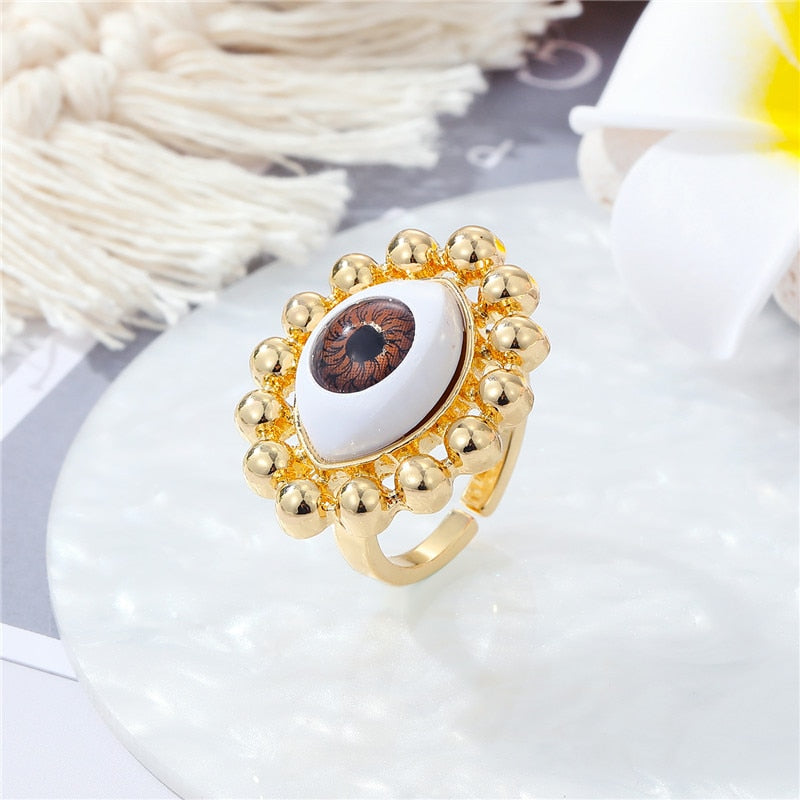 Evil Eye Metal Bead Adjustable Ring