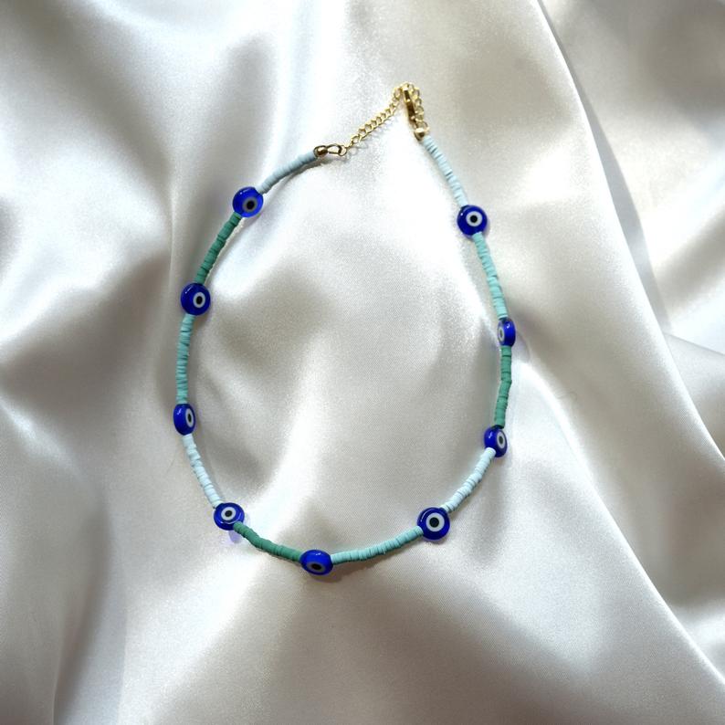 Blue Evil Eye Beaded Choker Necklace