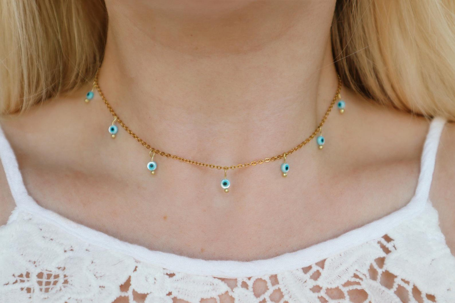 Blue Evil Eye Beaded Choker Necklace