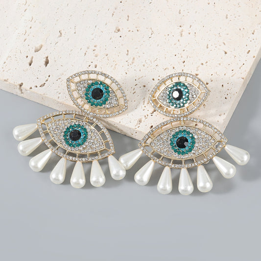 Evil Eye Metal Rhinestone Pearl Earrings