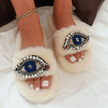 evil eye faux fur sandal