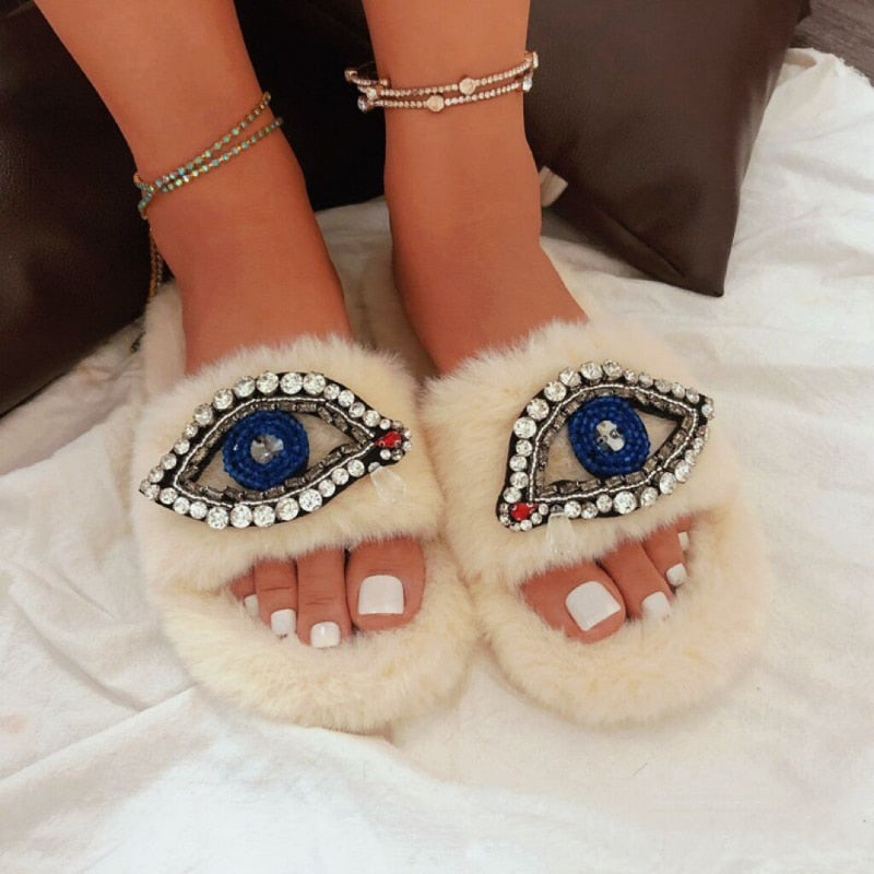 Fur Evil Eye Cotton Women Shoes