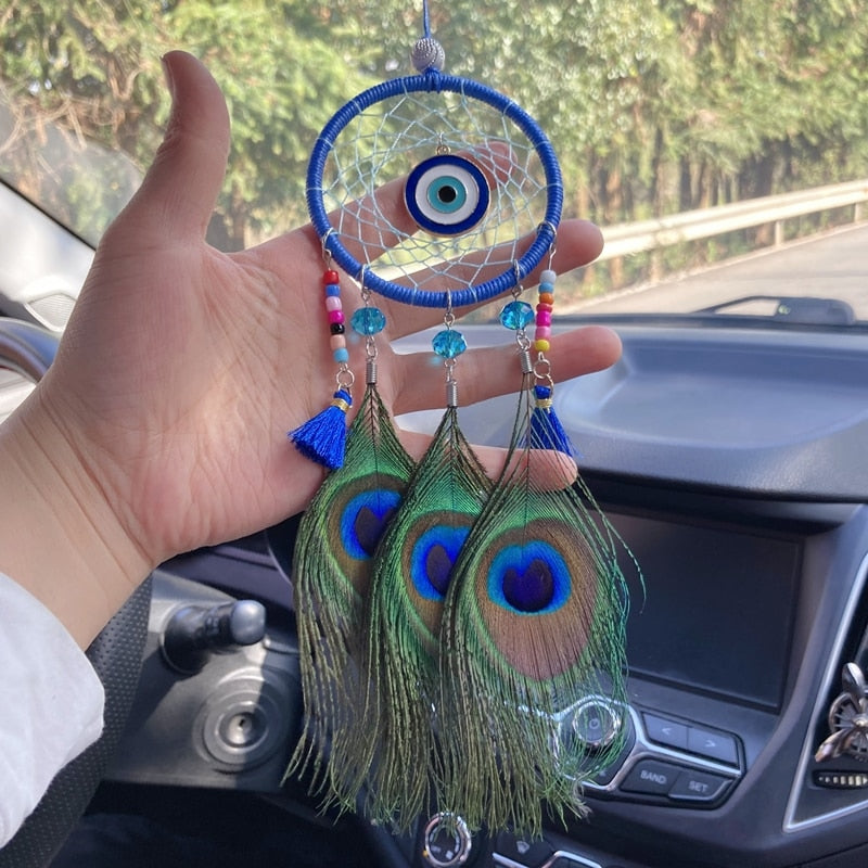 Evil Eye Dream Catcher Wall Hanging - Handmade Feather Decor For Bedroom, Living Room (14.2x29.5 In)
